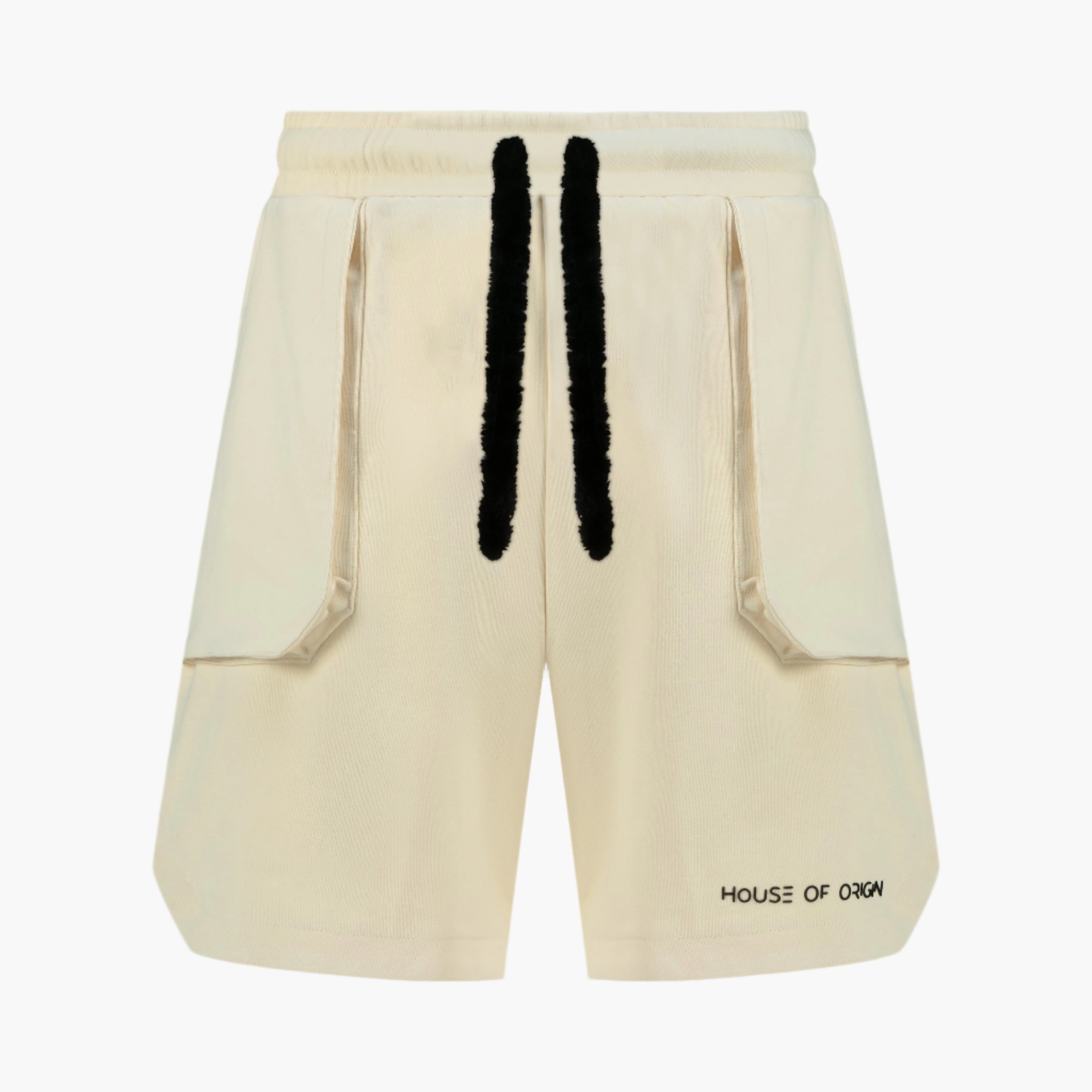 Beige fur shorts with black stripes and 'House of Croy' branding on a white background